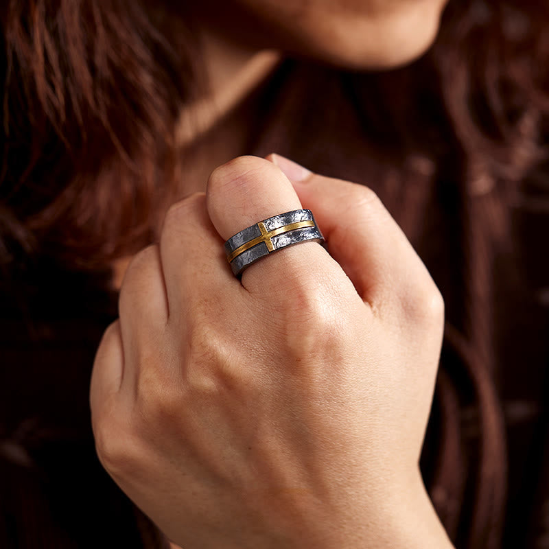 WorldNorse Handcrafted 999 Silver Dark Textured Forged Cross Ring - image 1