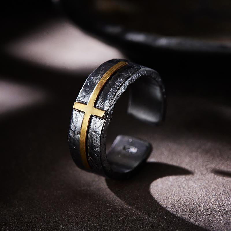 WorldNorse Handcrafted 999 Silver Dark Textured Forged Cross Ring - Inner Circumference 62.5-65 mm - image 0