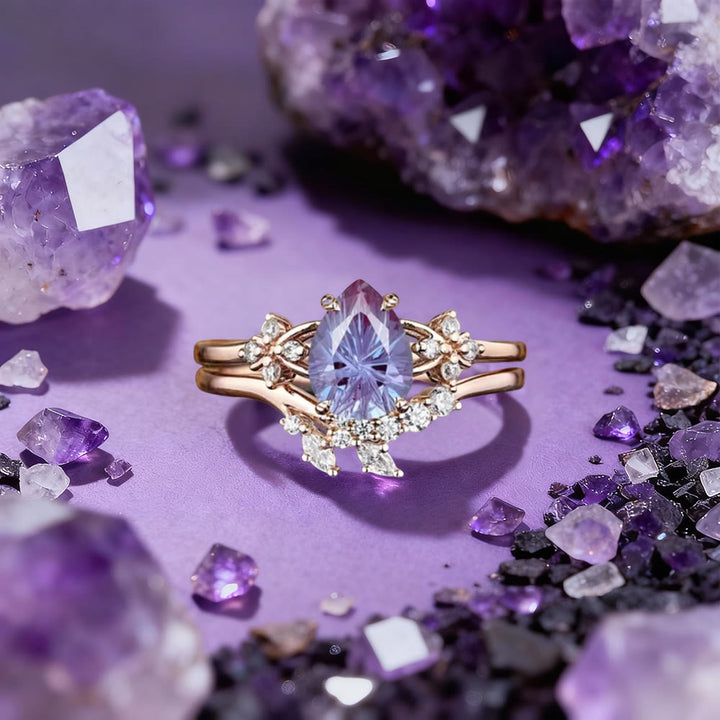 FREE Today: Fireworks Cut Amethyst Moissanite Cluster Ring Set - US 10 - image 0