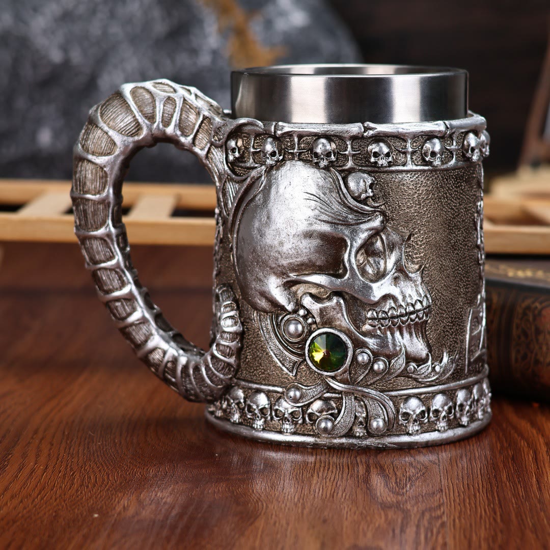 WorldNorse Gothic Skull Gem Embellished Serpent Mug - Silver - image 0