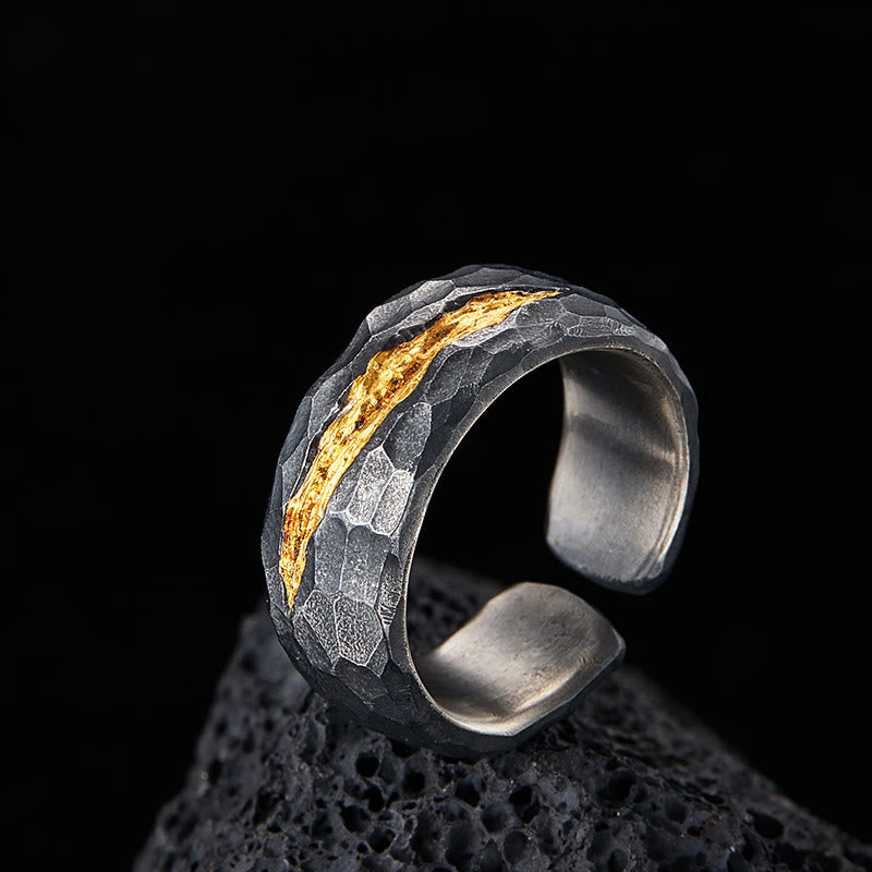 WorldNorse Handcrafted 999 Silver Lava Encrusted Gold Veined Ring - Retro Black （Inner Circumference 65-67.5 mm） - image 0