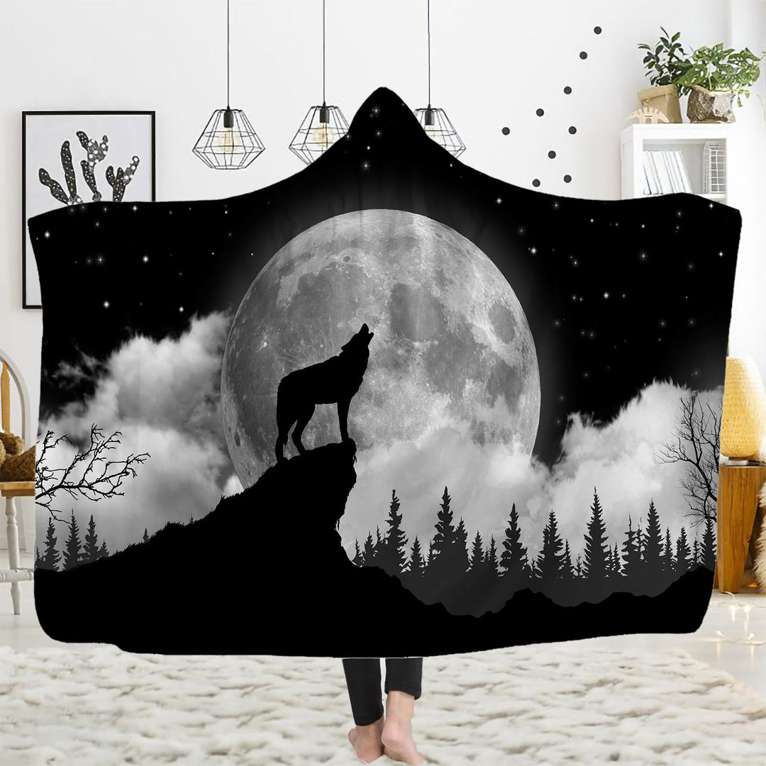 WorldNorse Golden Moon Cliff Wolf Hooded Blanket - Starry Moon Wolf - 150x200cm - image 8