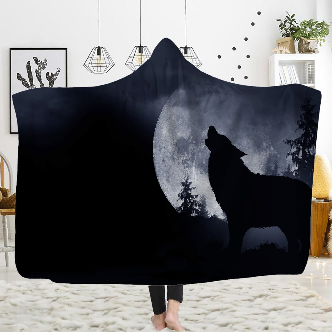 WorldNorse Golden Moon Cliff Wolf Hooded Blanket - Midnight Moon Wolf - 150x200cm - image 6
