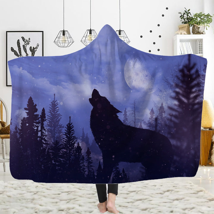 WorldNorse Golden Moon Cliff Wolf Hooded Blanket - Lavender Sky Wolf - 150x200cm - image 5