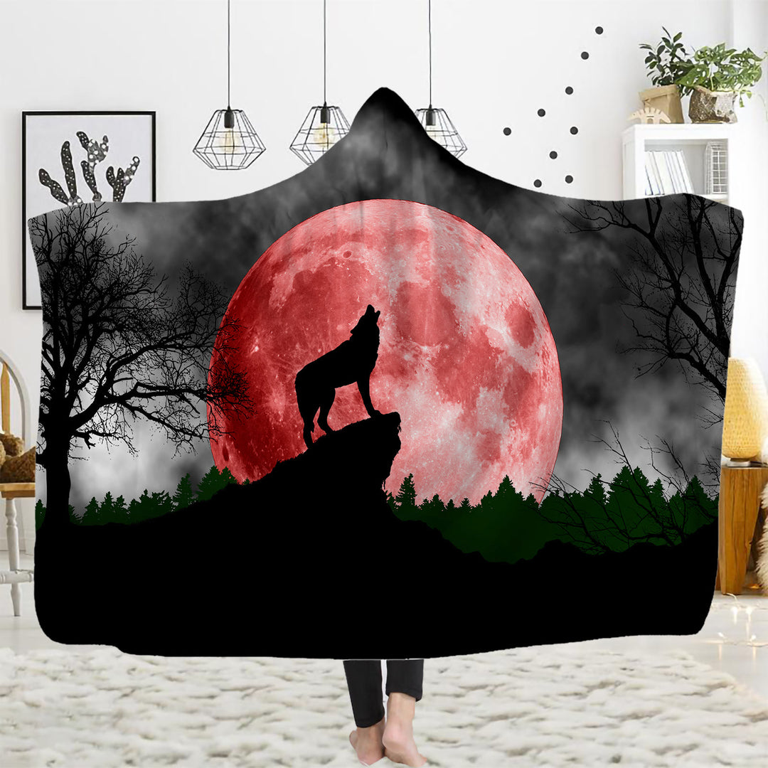 WorldNorse Golden Moon Cliff Wolf Hooded Blanket - Blood Moon Wolf - 150x200cm - image 7
