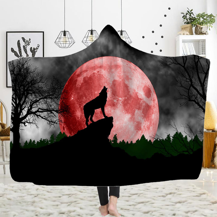 WorldNorse Golden Moon Cliff Wolf Hooded Blanket - Blood Moon Wolf - 150x200cm - image 7