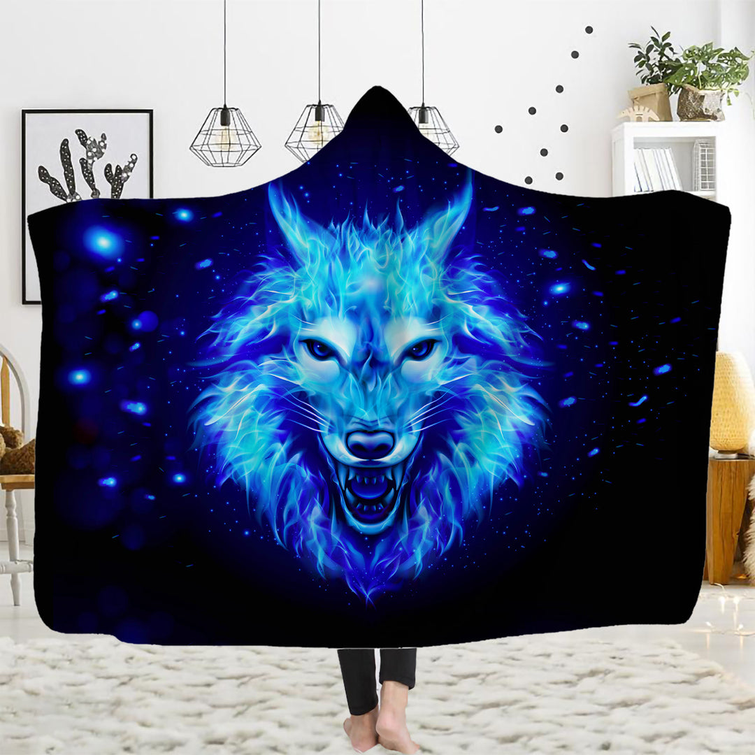WorldNorse Stardust Blue Eye Wolf Portrait Hooded Blanket - Flaming Wolf - 150x200cm - image 3