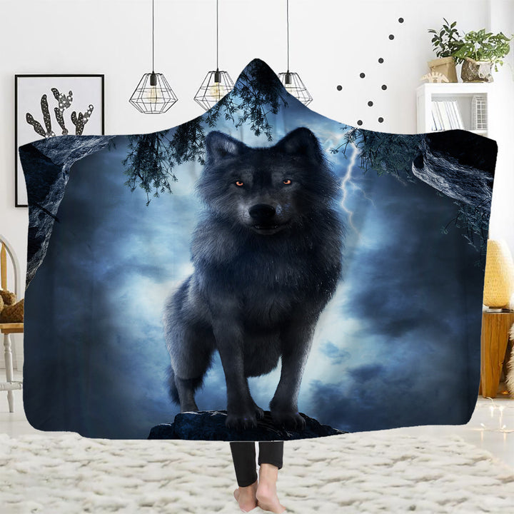 WorldNorse Stardust Blue Eye Wolf Portrait Hooded Blanket - Thunderstorm Wolf - 150x200cm - image 2