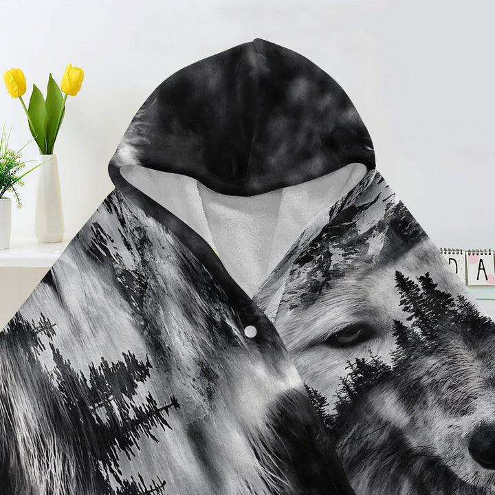 WorldNorse Mountainscape Pinewood Wolf Hooded Blanket - image 3