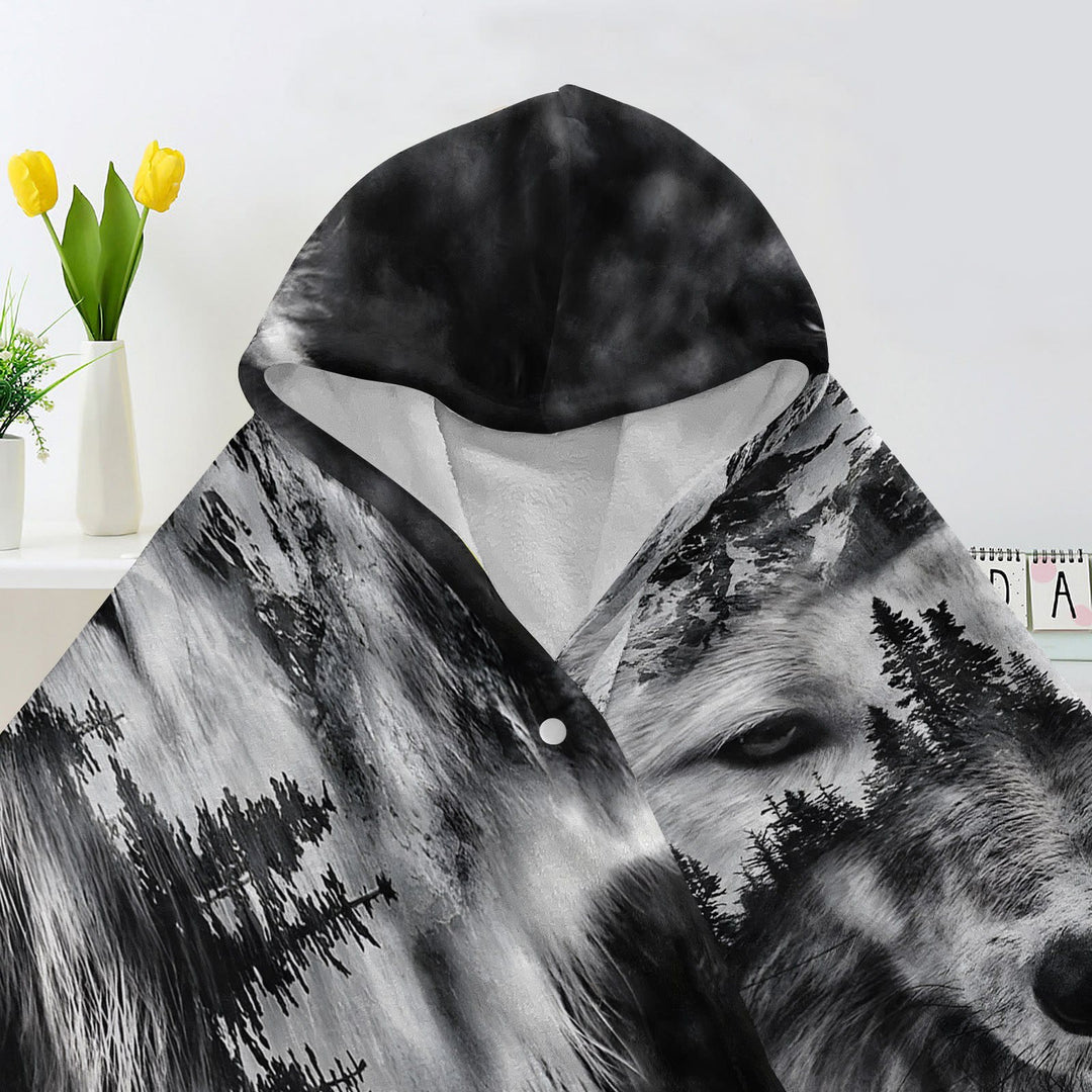 WorldNorse Mountainscape Pinewood Wolf Hooded Blanket - image 3