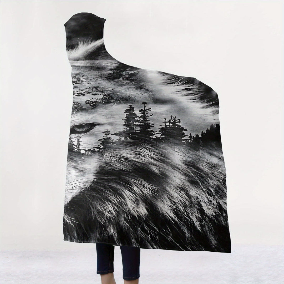 WorldNorse Mountainscape Pinewood Wolf Hooded Blanket - image 2