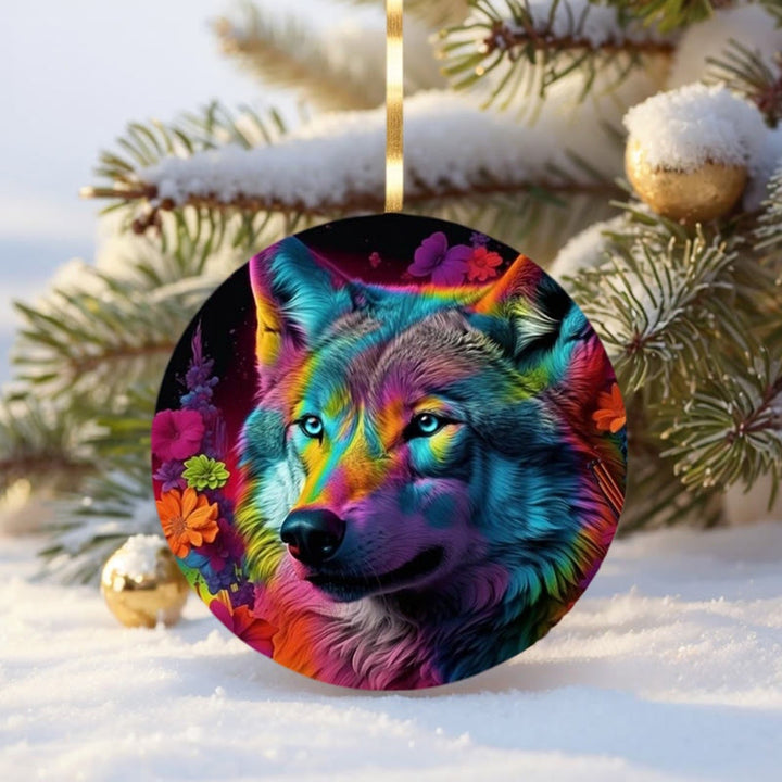 WorldNorse Woodgrain Leaf-Wreathed Wolf Christmas Hanging Ornament - Neon Wolf - image 6