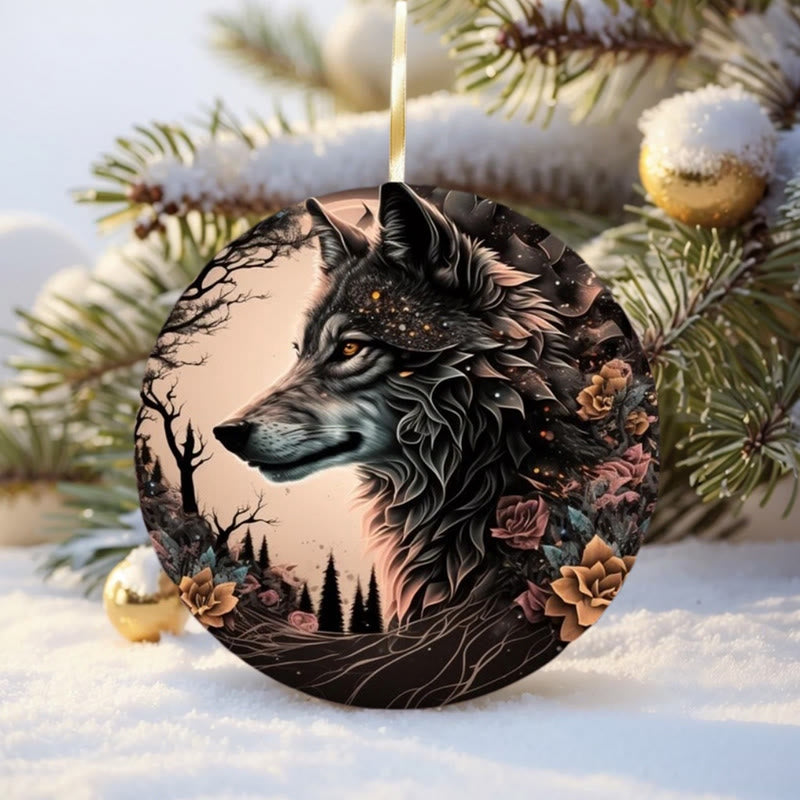 WorldNorse Woodgrain Leaf-Wreathed Wolf Christmas Hanging Ornament - Floral Wolf - image 5
