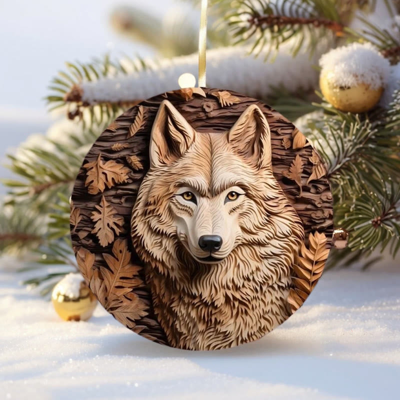 WorldNorse Woodgrain Leaf-Wreathed Wolf Christmas Hanging Ornament - Woodgrain Wolf - image 0