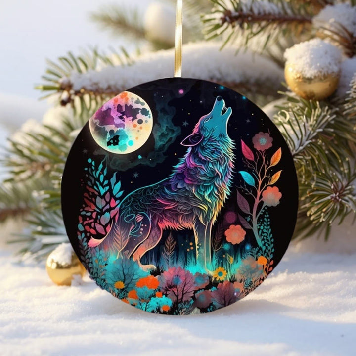 WorldNorse Woodgrain Leaf-Wreathed Wolf Christmas Hanging Ornament - Frosted Mane Wolf - image 1