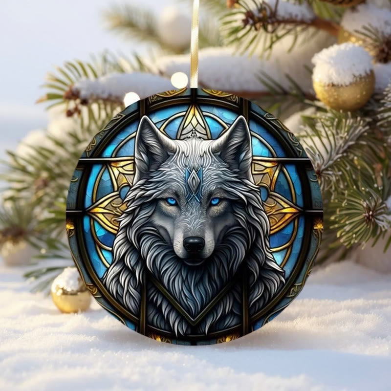 WorldNorse Woodgrain Leaf-Wreathed Wolf Christmas Hanging Ornament - Stellar Glow Wolf - image 3