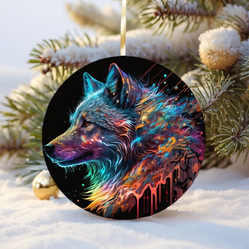 WorldNorse Woodgrain Leaf-Wreathed Wolf Christmas Hanging Ornament - Tundra Wolf - image 4