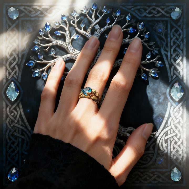 FREE Today: Blue Topaz Yggdrasil Gold Color Leaf Ring - image 1
