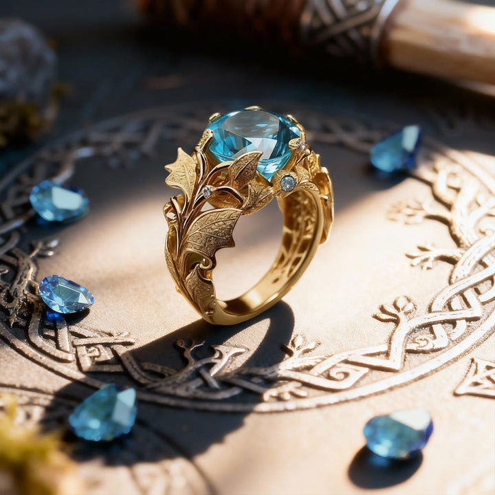 FREE Today: Blue Topaz Yggdrasil Gold Color Leaf Ring - US 10 - image 0