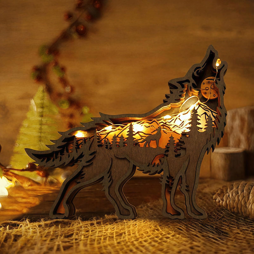 WorldNorse Chiristmas Wolf Silhouette Moonlit Mountain Wooden Decoration - Big Wolf - With Light - image 1