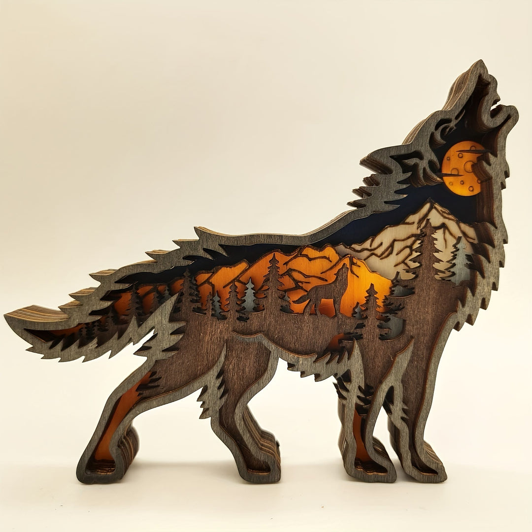 WorldNorse Chiristmas Wolf Silhouette Moonlit Mountain Wooden Decoration - Small Wolf - With Light - image 0