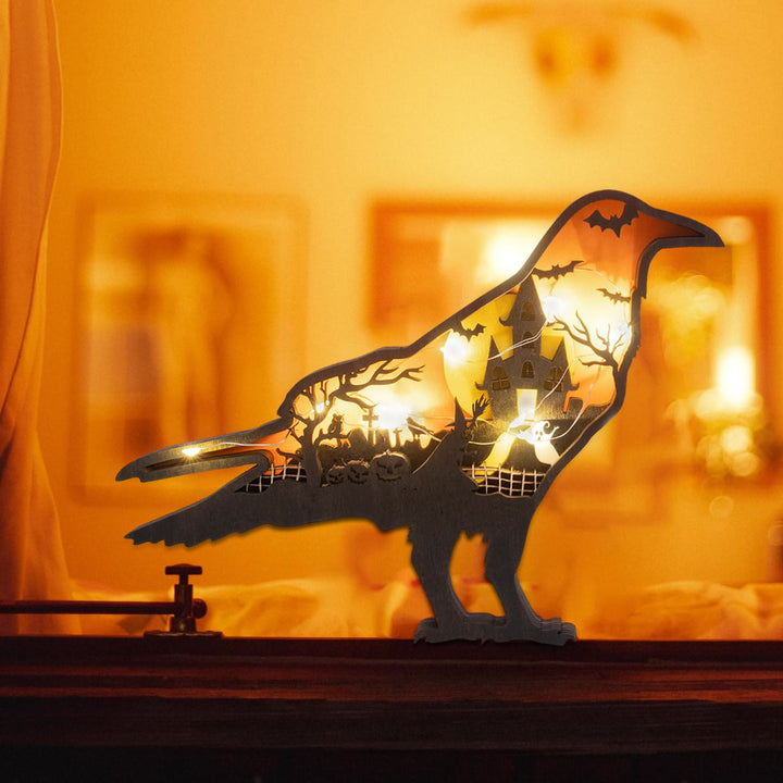 WorldNorse Christmas Raven Haunted Castle Pumpkin Wooden Decoration - With Light - image 1