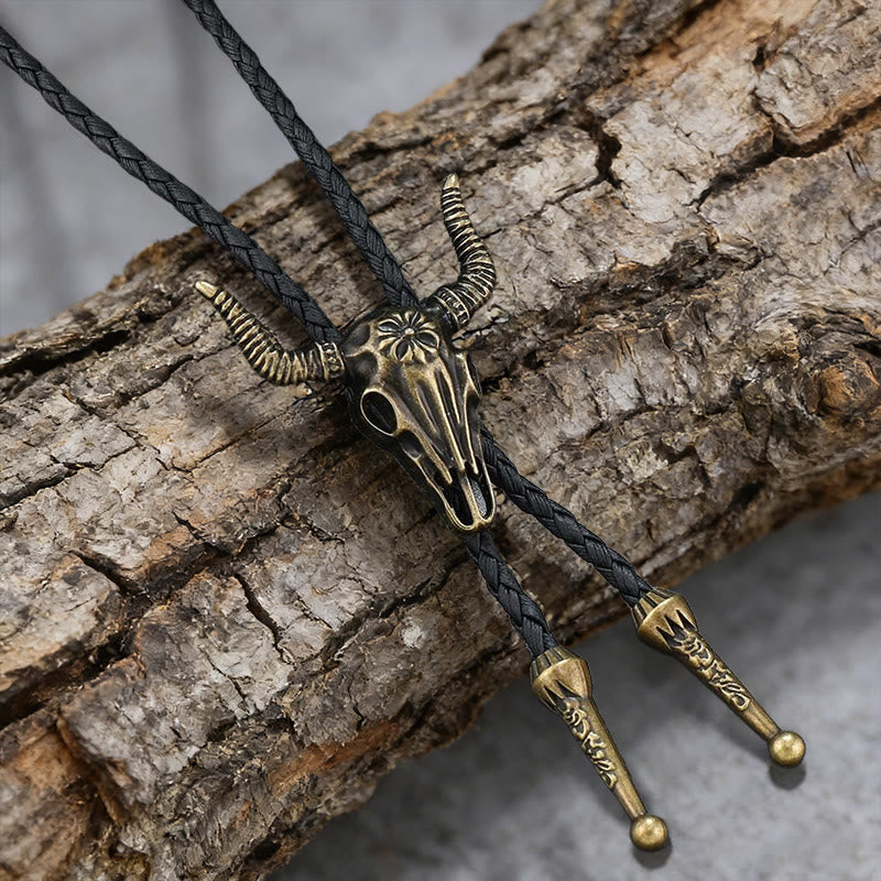 WorldNorse Bull Skull Motif Braided Leather Necklace - Bronze - image 0