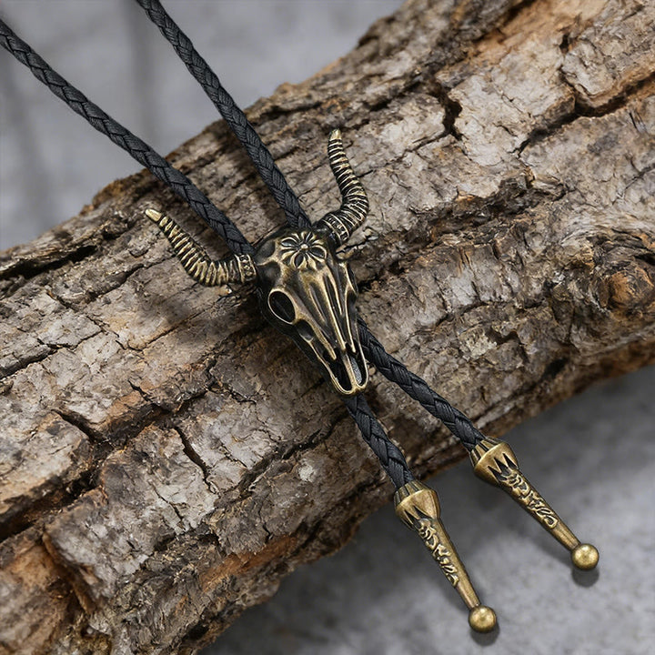 WorldNorse Bull Skull Motif Braided Leather Necklace - Bronze - image 0