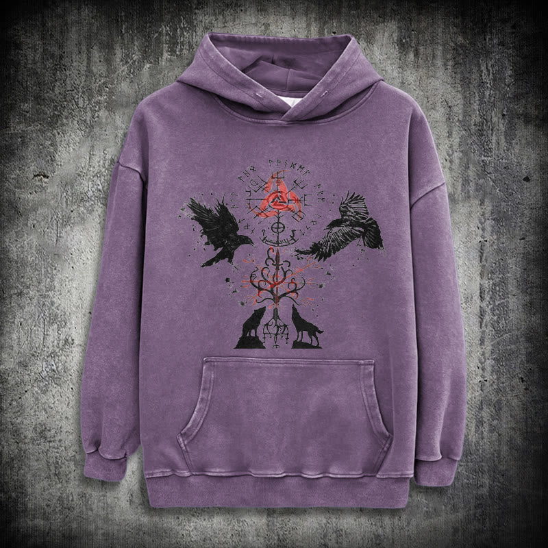 WorldNorse Vegvisir Raven Wolf Yggdrasil Washed Hoodie - Purple - 3XL - image 23