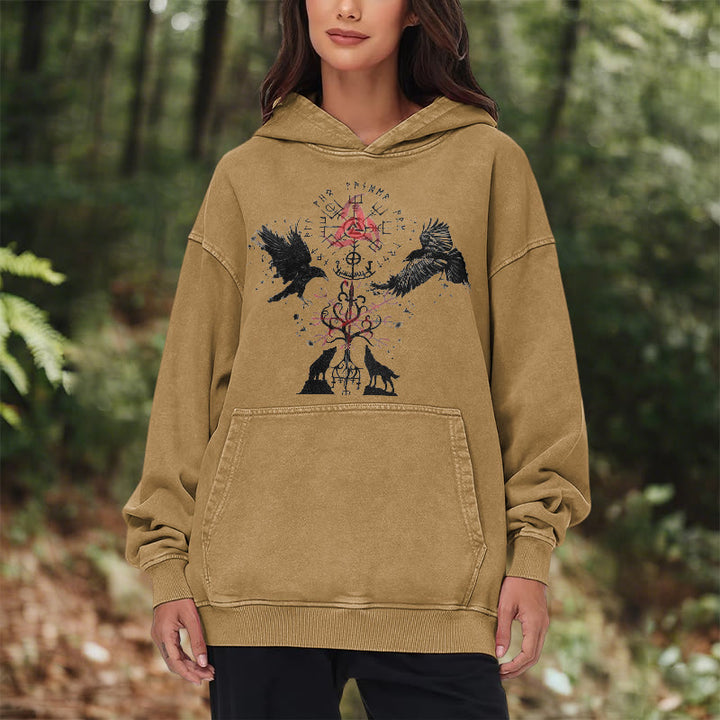WorldNorse Vegvisir Raven Wolf Yggdrasil Washed Hoodie - image 22