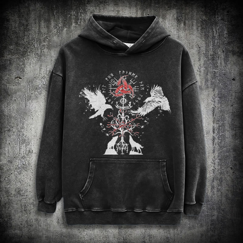 WorldNorse Vegvisir Raven Wolf Yggdrasil Washed Hoodie - Black - 3XL - image 0