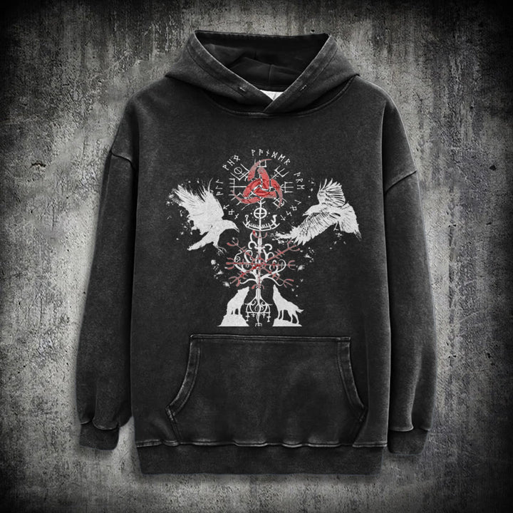 WorldNorse Vegvisir Raven Wolf Yggdrasil Washed Hoodie - Black - 3XL - image 0