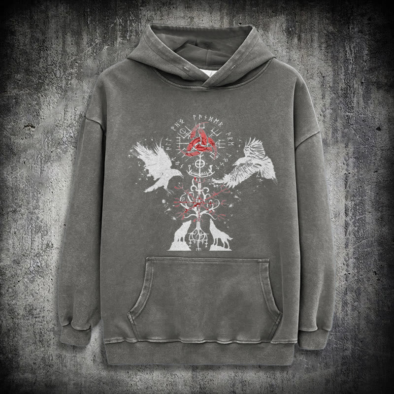 WorldNorse Vegvisir Raven Wolf Yggdrasil Washed Hoodie - Grey - 3XL - image 12