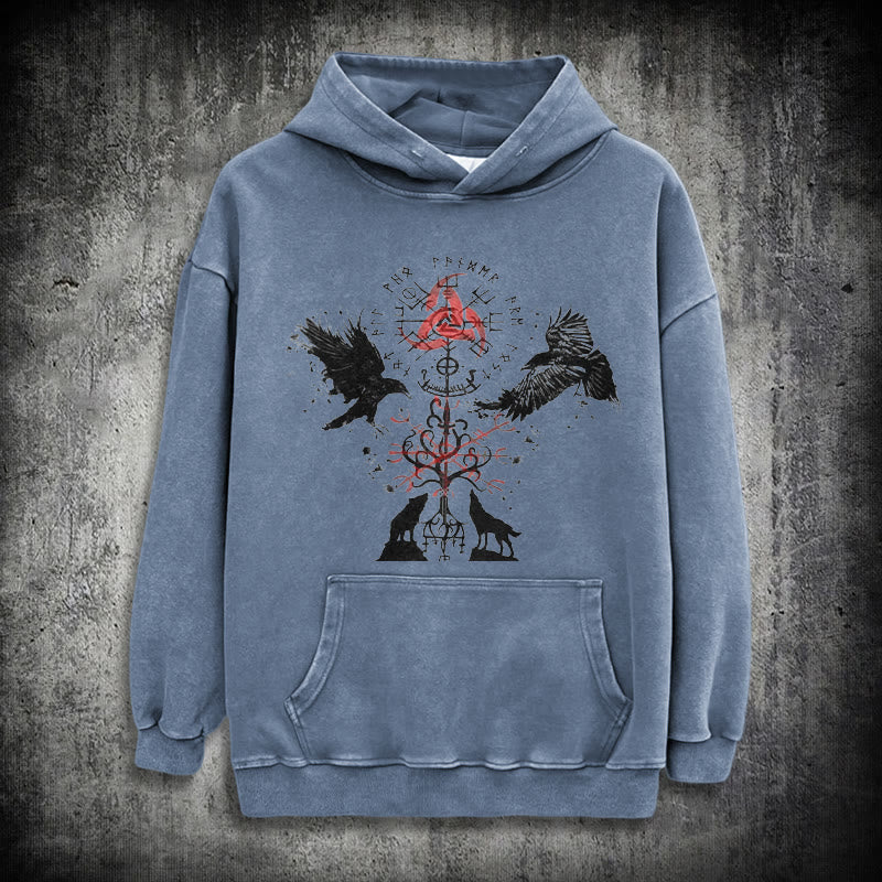 WorldNorse Vegvisir Raven Wolf Yggdrasil Washed Hoodie - Blue - 3XL - image 15
