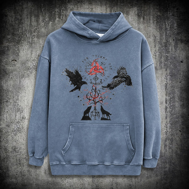 WorldNorse Vegvisir Raven Wolf Yggdrasil Washed Hoodie - Blue - 3XL - image 15