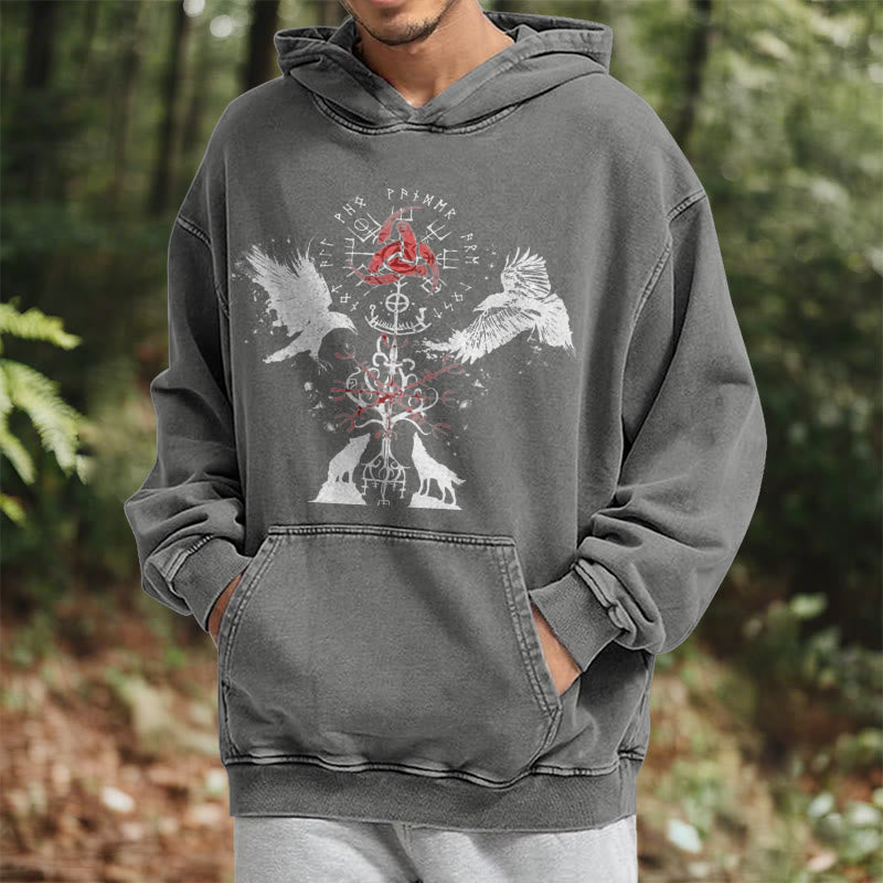 WorldNorse Vegvisir Raven Wolf Yggdrasil Washed Hoodie - image 14