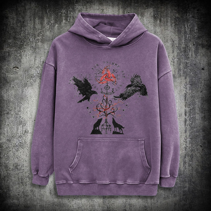 WorldNorse Vegvisir Raven Wolf Yggdrasil Washed Hoodie - Purple - 3XL - image 23