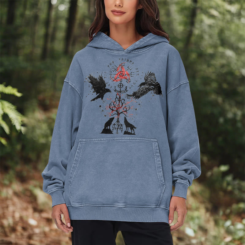 WorldNorse Vegvisir Raven Wolf Yggdrasil Washed Hoodie - image 18