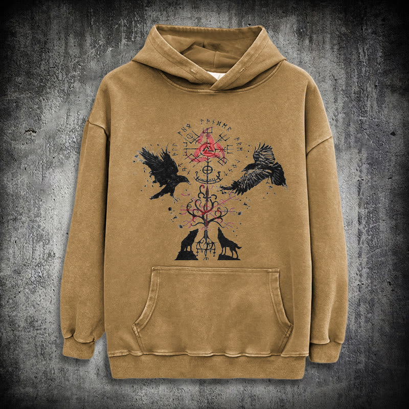 WorldNorse Vegvisir Raven Wolf Yggdrasil Washed Hoodie - Khaki - 3XL - image 19