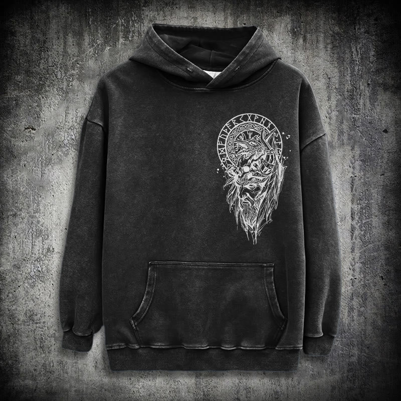 WorldNorse Viking Elder Rune Emblem Washed Hoodie - Black - 3XL - image 0