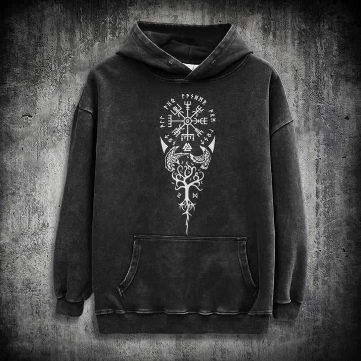 WorldNorse Valknut Vegvisir Raven Washed Hoodie - Black - 3XL - image 0