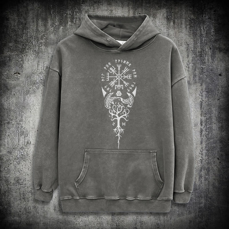 WorldNorse Valknut Vegvisir Raven Washed Hoodie - Grey - 3XL - image 12