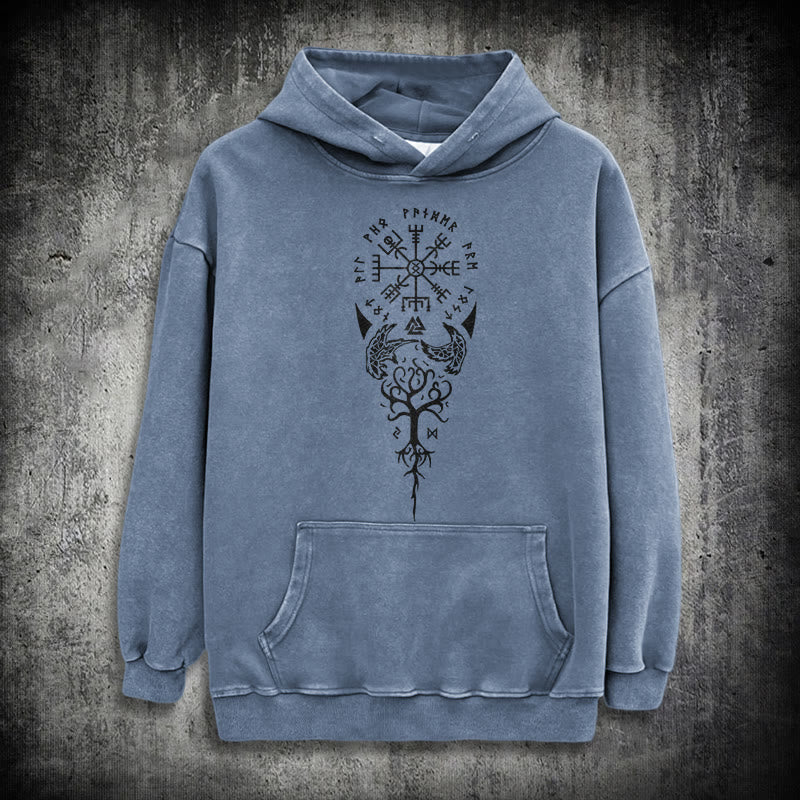 WorldNorse Valknut Vegvisir Raven Washed Hoodie - Blue - 3XL - image 15