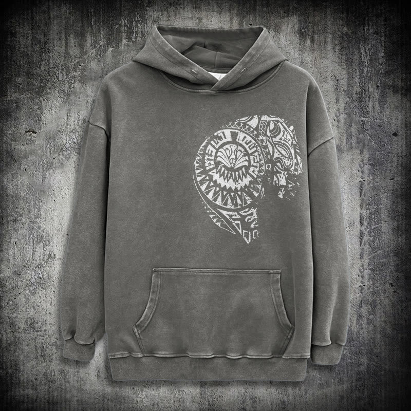 WorldNorse Intricate Tribal Skull Washed Hoodie - Grey - 3XL - image 12