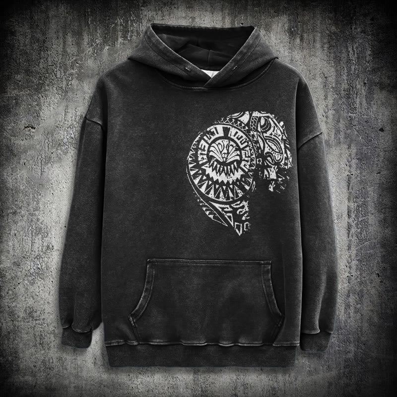WorldNorse Intricate Tribal Skull Washed Hoodie - Black - 3XL - image 0