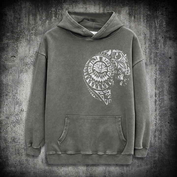 WorldNorse Intricate Tribal Skull Washed Hoodie - Grey - 3XL - image 12