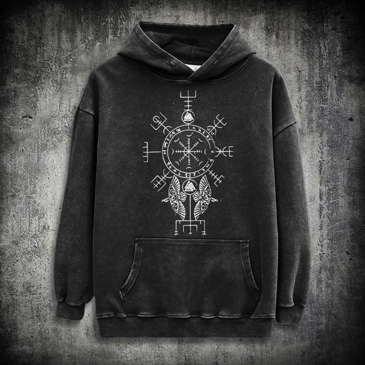WorldNorse Rune Helm of Awe Raven Washed Hoodie - Black - 3XL - image 0