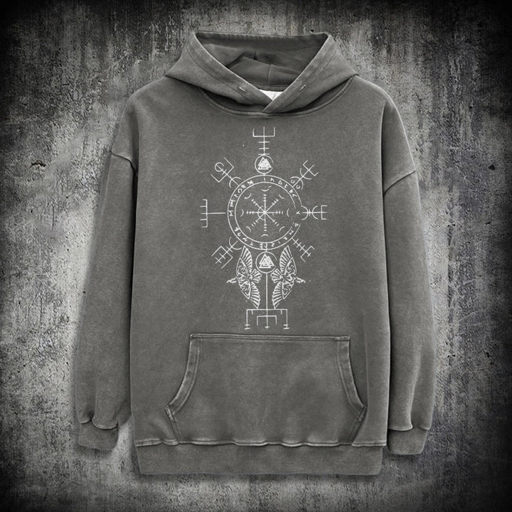 WorldNorse Rune Helm of Awe Raven Washed Hoodie - Grey - 3XL - image 12
