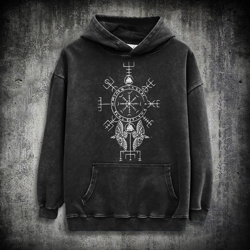 WorldNorse Rune Helm of Awe Raven Washed Hoodie - Black - 3XL - image 0