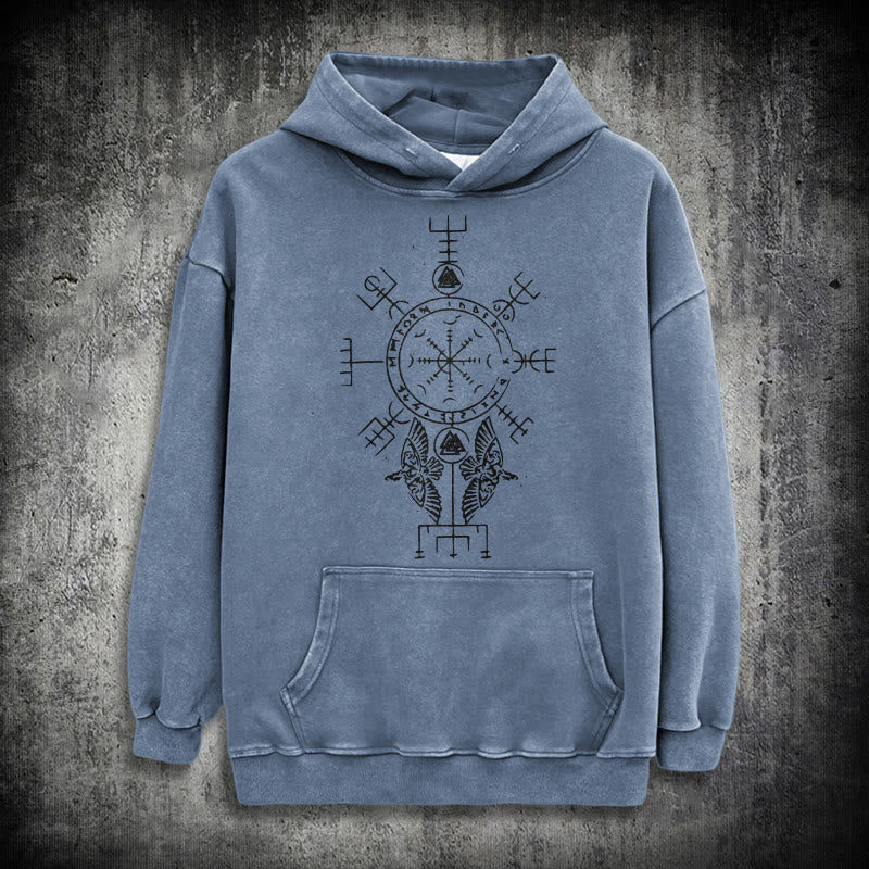 WorldNorse Rune Helm of Awe Raven Washed Hoodie - Blue - 3XL - image 15